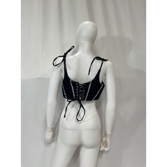 Ceren Ocak Blue Crop Corset Denim Frayed Trim Top Size M - Picture 3 of 5